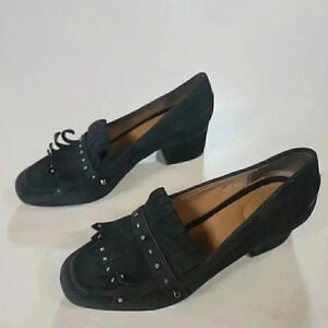 Franco Sarto Lauryn Black Suede Leather Tassel  Stud Block Heel Size 9